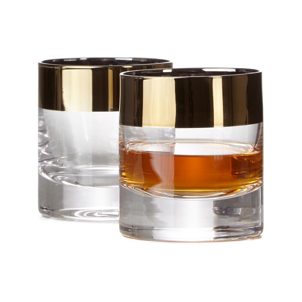 Bronze Rimmed Crystal Rocks Glasses, Set of 2